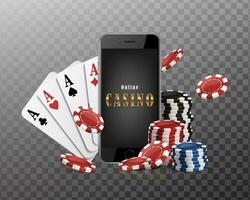 3d realistico in linea casinò App o mobile bandiera con patatine fritte e assi. vettore