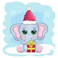 carino cartone animato elefante, infantile personaggio con bellissimo occhi indossare Santa cappello, sciarpa, Tenere regalo, Natale palla vettore