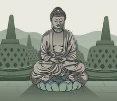 illustrazione di Budda statua con stupa sfondo vettore