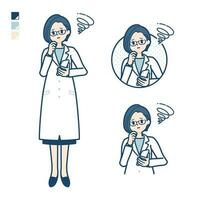 un' donna medico nel un' laboratorio cappotto con Tenere un' smartphone e turbato immagini vettore