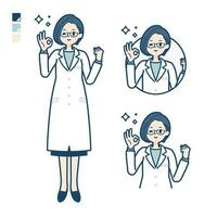 un' donna medico nel un' laboratorio cappotto con ok cartello immagini. vettore
