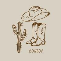 selvaggio ovest concetto. vario oggetti. cowboy tema, occidentale. stivali, cactus, cappello, manoscritto parola occidentale. pastore vita.mano disegnato. design elemento.vettore arte illustrazione. vettore