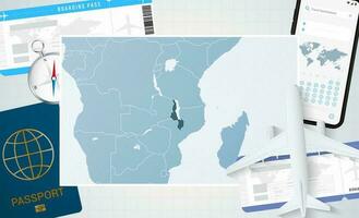 viaggio per Malawi, illustrazione con un' carta geografica di Malawi. sfondo con aereo, cellula Telefono, passaporto, bussola e Biglietti. vettore