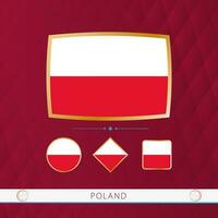 impostato di Polonia bandiere con oro telaio per uso a sportivo eventi su un' Borgogna astratto sfondo. vettore