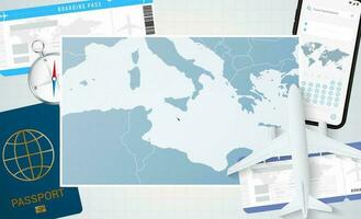 viaggio per Malta, illustrazione con un' carta geografica di Malta. sfondo con aereo, cellula Telefono, passaporto, bussola e Biglietti. vettore