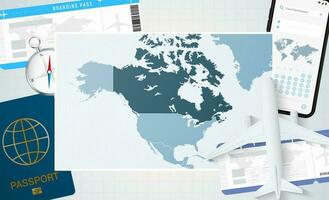 viaggio per Canada, illustrazione con un' carta geografica di Canada. sfondo con aereo, cellula Telefono, passaporto, bussola e Biglietti. vettore
