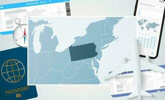 viaggio per Pennsylvania, illustrazione con un' carta geografica di Pennsylvania. sfondo con aereo, cellula Telefono, passaporto, bussola e Biglietti. vettore