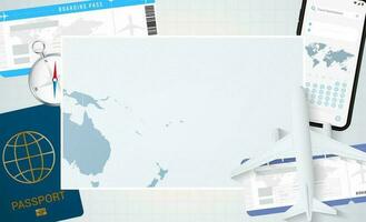 viaggio per samoa, illustrazione con un' carta geografica di samoa. sfondo con aereo, cellula Telefono, passaporto, bussola e Biglietti. vettore