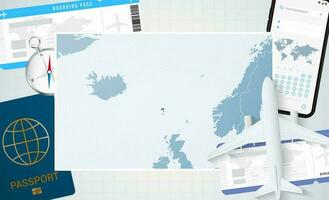 viaggio per Faroe isole, illustrazione con un' carta geografica di Faroe isole. sfondo con aereo, cellula Telefono, passaporto, bussola e Biglietti. vettore