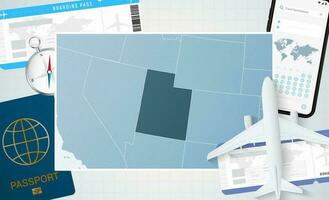 viaggio per Utah, illustrazione con un' carta geografica di Utah. sfondo con aereo, cellula Telefono, passaporto, bussola e Biglietti. vettore