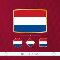 impostato di Olanda bandiere con oro telaio per uso a sportivo eventi su un' Borgogna astratto sfondo. vettore
