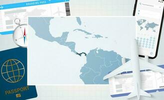 viaggio per Panama, illustrazione con un' carta geografica di Panama. sfondo con aereo, cellula Telefono, passaporto, bussola e Biglietti. vettore