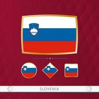 impostato di slovenia bandiere con oro telaio per uso a sportivo eventi su un' Borgogna astratto sfondo. vettore