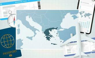 viaggio per Grecia, illustrazione con un' carta geografica di Grecia. sfondo con aereo, cellula Telefono, passaporto, bussola e Biglietti. vettore