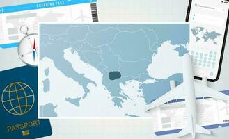 viaggio per macedonia, illustrazione con un' carta geografica di macedonia. sfondo con aereo, cellula Telefono, passaporto, bussola e Biglietti. vettore