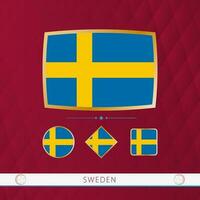 impostato di Svezia bandiere con oro telaio per uso a sportivo eventi su un' Borgogna astratto sfondo. vettore