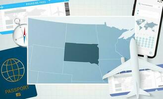 viaggio per Sud dakota, illustrazione con un' carta geografica di Sud dakota. sfondo con aereo, cellula Telefono, passaporto, bussola e Biglietti. vettore