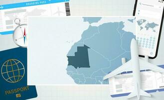 viaggio per mauritania, illustrazione con un' carta geografica di mauritania. sfondo con aereo, cellula Telefono, passaporto, bussola e Biglietti. vettore