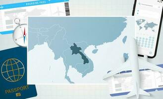 viaggio per Laos, illustrazione con un' carta geografica di Laos. sfondo con aereo, cellula Telefono, passaporto, bussola e Biglietti. vettore