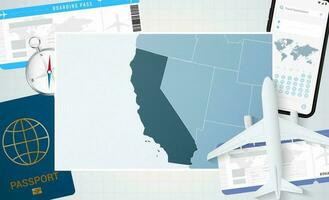 viaggio per California, illustrazione con un' carta geografica di California. sfondo con aereo, cellula Telefono, passaporto, bussola e Biglietti. vettore