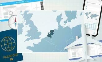 viaggio per Olanda, illustrazione con un' carta geografica di Olanda. sfondo con aereo, cellula Telefono, passaporto, bussola e Biglietti. vettore
