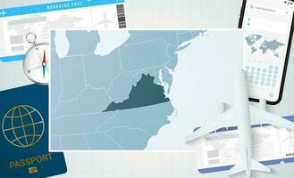 viaggio per Virginia, illustrazione con un' carta geografica di Virginia. sfondo con aereo, cellula Telefono, passaporto, bussola e Biglietti. vettore