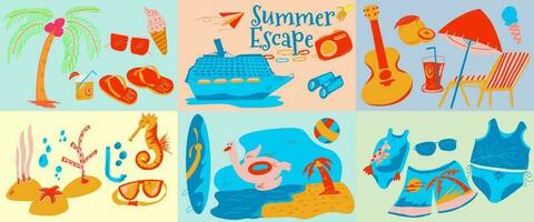 carino estate elementi collage impostato fascio collezione. spiaggia festa, vacanza, nuoto, fare surf, immersione vettore