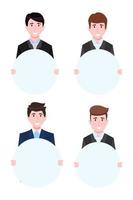 caratteri dell'uomo d'affari che indossano attrezzatura di affari che sta con i cartelli di forma del cerchio isolati vettore