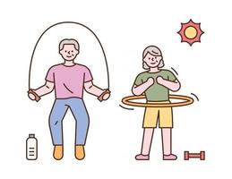 le coppie senior giocano insieme a saltare la corda e hula hoops. illustrazione di vettore minimo di stile di design piatto.