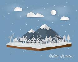 paesaggio isometrico con campagna nella stagione invernale disegno di arte di carta astratta con villaggio bianco su sfondo blu morbido vettore
