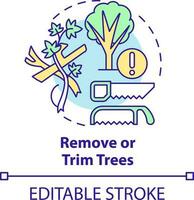 rimuovere e tagliare alberi concetto icona. sicurezza precauzione per uragani astratto idea magro linea illustrazione. fesso rami. isolato schema disegno. modificabile ictus vettore