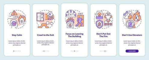 evacuazione a partire dal ardente edificio onboarding mobile App schermo. Procedura dettagliata 5 passaggi modificabile grafico Istruzioni con lineare concetti. ui, ux, gui modello vettore