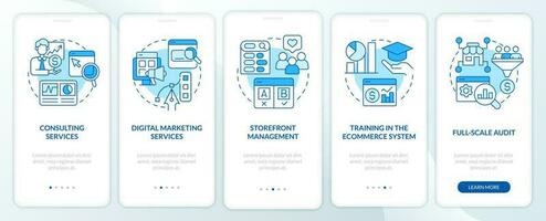 in linea negozio gestione Servizi blu onboarding mobile App schermo. Procedura dettagliata 5 passaggi modificabile grafico Istruzioni con lineare concetti. ui, ux, gui modello vettore