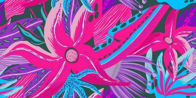 astratto fogliame botanico senza soluzione di continuità sfondo verde tropicale impianti, floreale, esotico estate design rosa, Viola, viola, saggio vettore