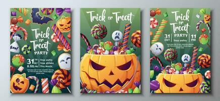vettore impostato di Halloween festa inviti o saluto carte con zucca e orribile dolci, caramelle, Lecca-lecca. trucco o trattare