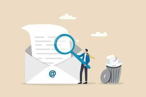 e-mail scansione per informatica sicurezza, dati protezione o Rifiuto posta, in linea comunicazione tecnologia, sicurezza e protezione concetto, uomo d'affari scansione e-mail con ingrandimento bicchiere gettare Rifiuto posta in bidone. vettore