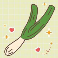 carino cartone animato fresco verde Porro o primavera cipolla verdura kawaii cibo con Giappone stile anime manga illustrazione vettore