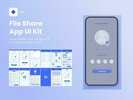 file Condividere App ui kit e diverso schermi modello su blu sfondo. vettore