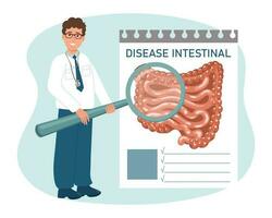 un' maschio medico con un' ingrandimento bicchiere studi malattie di il intestini, digestivo sistema. medico assistenza sanitaria concetto. vettore