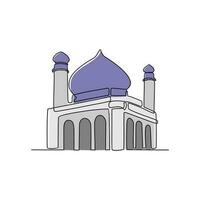 uno continuo linea disegno di un' moschea. design posto di musulmano preghiere con semplice lineare stile. Ramadan kareem design concetto vettore