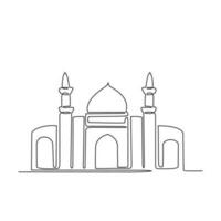 uno continuo linea disegno di un' moschea. design posto di musulmano preghiere con semplice lineare stile. Ramadan kareem design concetto vettore