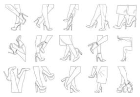 disegno schizzo schema sagome di femmina gambe. scarpe tacchi a spillo, alto tacchi. a passeggio, in piedi, in esecuzione, saltare, danza vettore