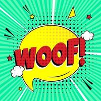 comico lettering woof nel discorso bolla stile fumetto design piatto dinamico retrò vintage pop art illustrazione isolato su raggi verdi sfondo trama esclamativa vettore