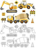 vettore illustrazione di mano disegnato costruzione veicoli con costruzione segni. colorazione libro o pagina