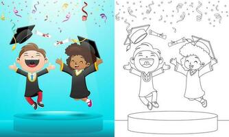 vettore illustrazione di Due contento bambini nel la laurea toga salto nel la laurea giorno su palcoscenico