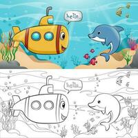 cartone animato divertente giallo sottomarino con marino animali sottomarino. colorazione libro o pagina vettore