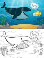 cartone animato di grande sperma balena con poco sottomarino sott'acqua. colorazione libro o pagina vettore