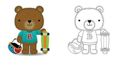 carino orso cartone animato con skateboard e casco vettore