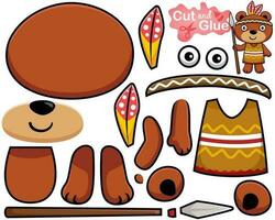 vettore illustrazione di cartone animato carino orso nel tribale costume con piuma copricapo Tenere lancia. ritagliare e incollaggio