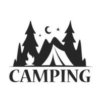 logo campeggio, disegno di un' tenda nel il foresta a notte e con un' falò vettore